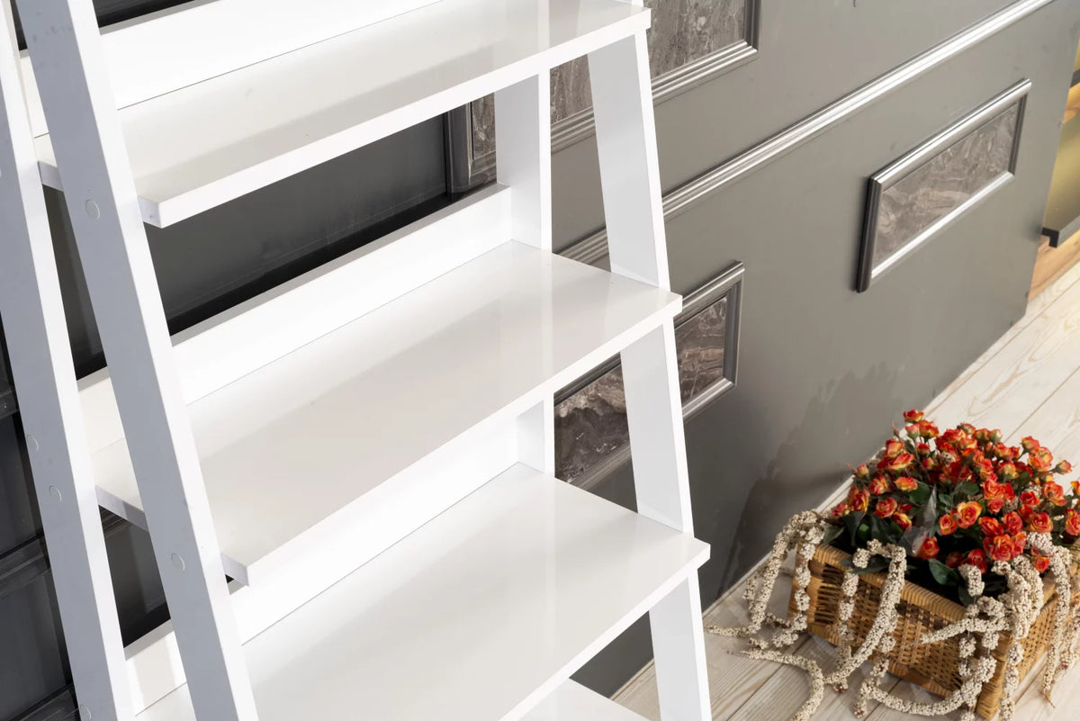 White 5 Tier Wood Ladder Bookshelf F500